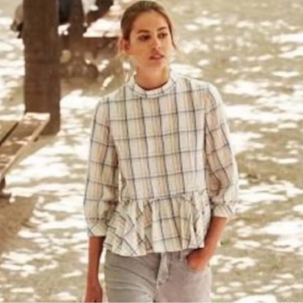 Anthropologie Maeve Plaid Peplum Ruffle Hem Top White Sz 6 preppy sku 520 - Picture 6 of 7